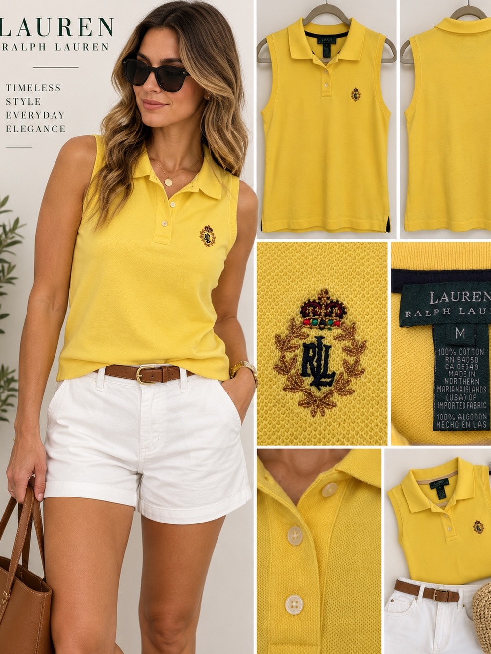 Lauren Ralph Lauren Yellow Sleeveless Polo Shirt Crest Logo Size M